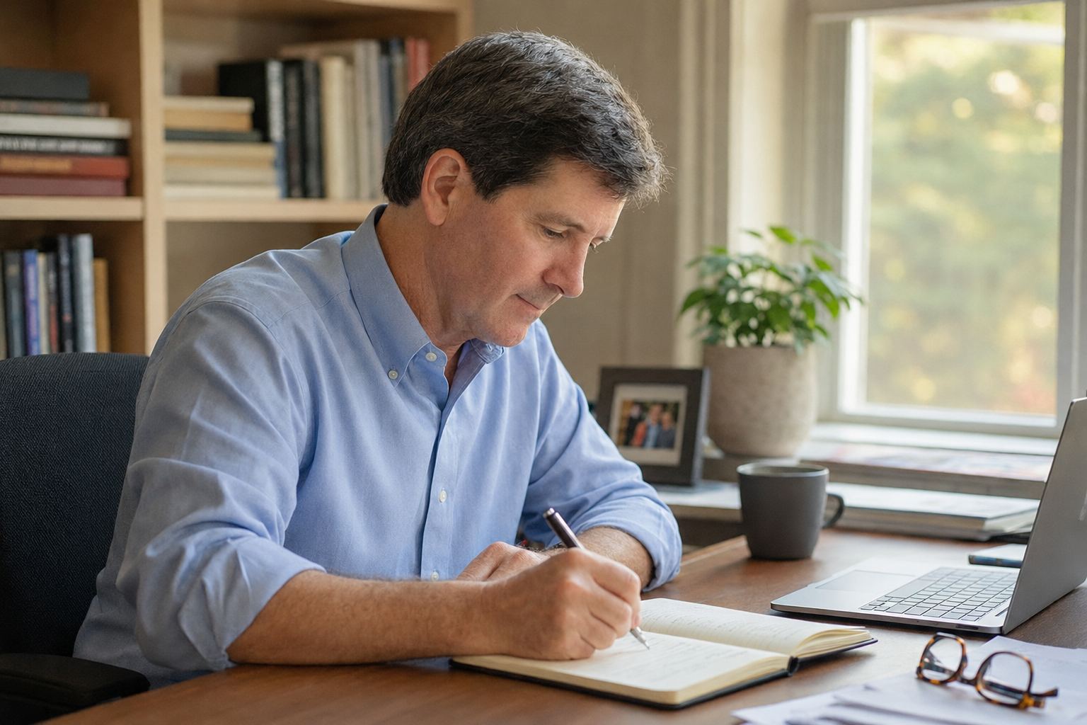 Writing by hand in a notebook with a shelf of books behind